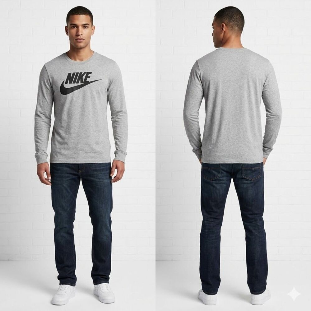 Nike Sportswear Club Long Sleeve T-Shirt Men XL Gray Heather Black Logo Graphic